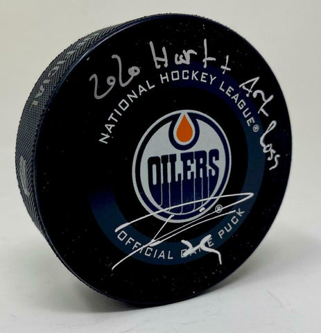 LEON DRAISAITL Autographed "2020 HART & Art Ross" Official Game Puck FANATICS