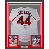 Framed Autographed/Signed Reggie Jackson 33x42 LA White Jersey JSA COA