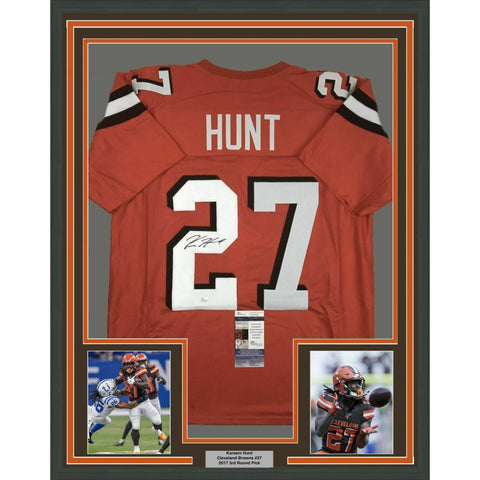 FRAMED Autographed/Signed KAREEM HUNT 33x42 Cleveland Orange Jersey JSA COA Auto