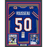 Framed Autographed/Signed Greg Rousseau 35x39 Buffalo Blue Jersey JSA COA