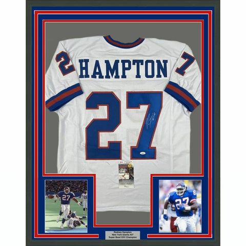 FRAMED Autographed/Signed RODNEY HAMPTON 33x42 New York White Jersey JSA COA