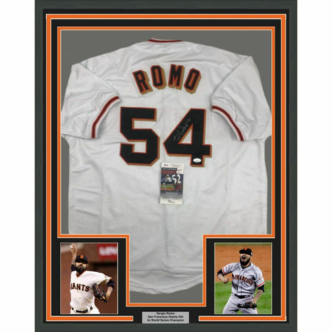 FRAMED Autographed/Signed SERGIO ROMO 33x42 San Francisco White Jersey JSA COA