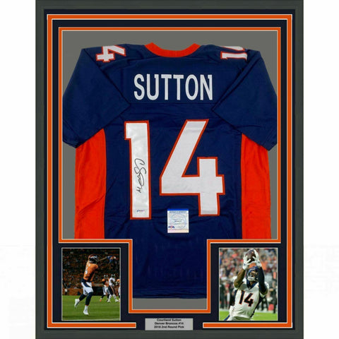 FRAMED Autographed/Signed COURTLAND SUTTON 33x42 Denver Blue Jersey PSA/DNA COA