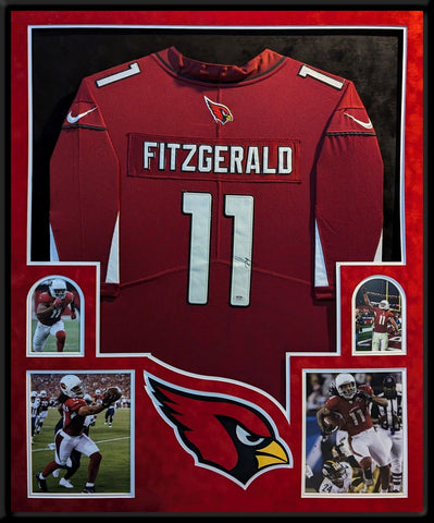 SUEDE FRAMED ARIZONA CARDINALS LARRY FITZGERALD AUTOGRAPHED SIGNED JERSEY PSA