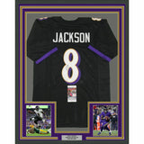 FRAMED Autographed/Signed LAMAR JACKSON 33x42 Baltimore Black Jersey JSA COA