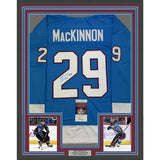 Framed Autographed/Signed Nathan MacKinnon 35x39 Colorado Blue Jersey JSA COA