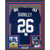 FRAMED Autographed/Signed SAQUON BARKLEY 33x42 New York Blue Jersey Beckett COA