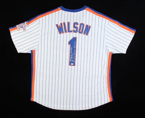 Mookie Wilson Signed New York Met Jersey Inscribed "It Goes Through Buckner" PSA