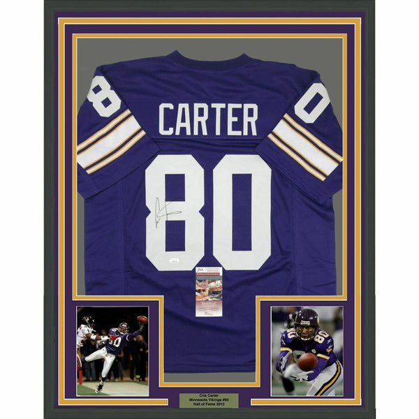 FRAMED Autographed/Signed CRIS CARTER 33x42 Minnesota Purple Jersey JSA COA Auto