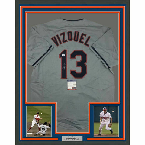 FRAMED Autographed/Signed OMAR VIZQUEL 33x42 Cleveland Grey Jersey PSA/DNA COA