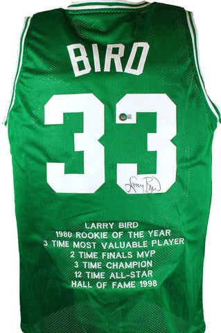 Larry Bird Autographed Green Pro Basketball STAT Jersey-Beckett W Hologram