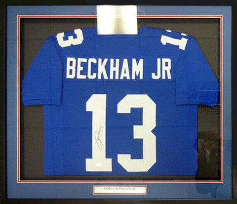 NEW YORK GIANTS ODELL BECKHAM JR. AUTOGRAPHED FRAMED BLUE JERSEY JSA 102690