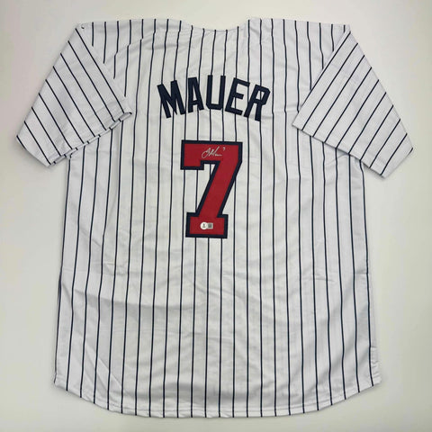 Autographed/Signed Joe Mauer Minnesota Pinstripe Baseball Jersey Beckett BAS COA