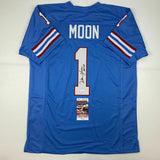 Autographed/Signed WARREN MOON HOF 06 Houston Blue Football Jersey JSA COA Auto