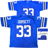 DALLAS COWBOYS TONY DORSETT AUTOGRAPHED BLUE FOOTBALL JERSEY JSA STOCK #228104