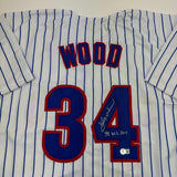 Autographed/Signed Kerry Wood 98 ROY Chicago Pinstripe Baseball Jersey BAS COA