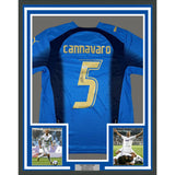 Framed Autographed/Signed Fabio Cannavaro 35x39 Italy Blue Futbol Jersey BAS COA