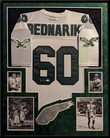 SUEDE FRAMED CHUCK BEDNARIK AUTOGRAPHED PHILADELPHIA EAGLES JERSEY JSA COA