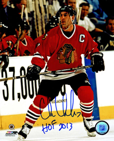 CHRIS CHELIOS Signed Chicago Blackhawks Action 8x10 Photo w/HOF 2013 - SCHWARTZ