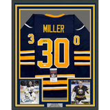 Framed Autographed/Signed Ryan Miller 35x39 Buffalo Blue Hockey Jersey JSA COA