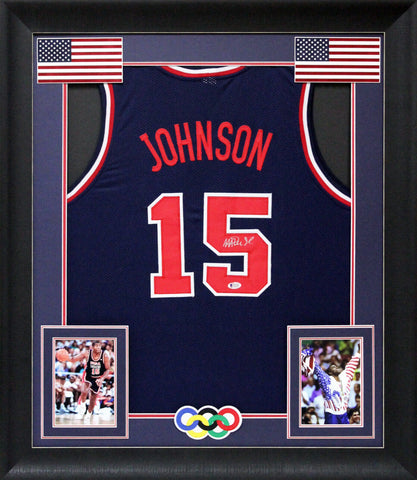 Magic Johnson Team USA Authentic Signed Navy Blue Framed Jersey BAS Witnessed