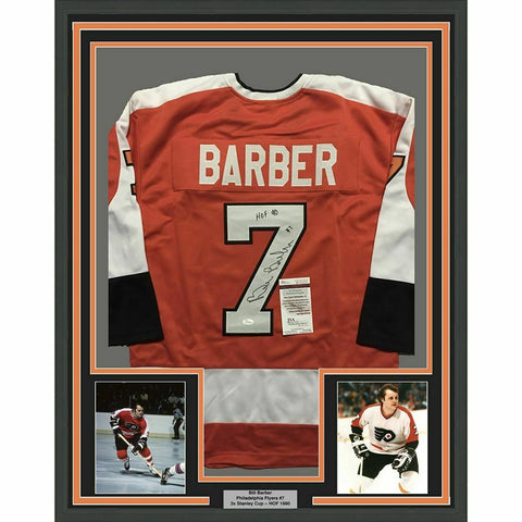 FRAMED Autographed/Signed BILL BARBER HOF 90 33x42 Philly Orange Jersey JSA COA