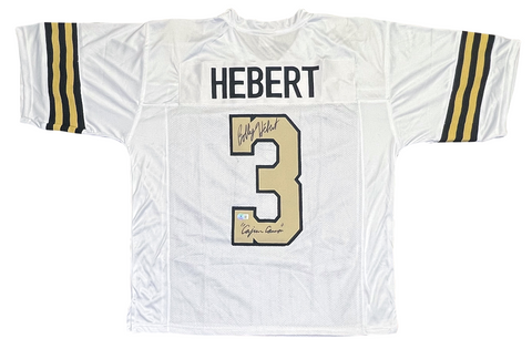 BOBBY HEBERT AUTOGRAPHED NEW ORLEANS SAINTS #3 WHITE JERSEY W/ CAJUN CANNON