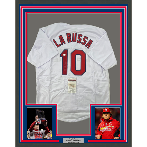 Framed Autographed/Signed Tony LaRussa 33x42 St. Louis White Jersey JSA COA