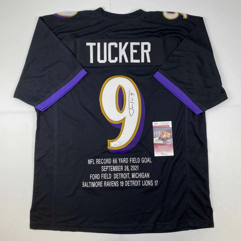 Autographed/Signed Justin Tucker 66 Yd GW FG Stat Baltimore Black Jersey JSA COA