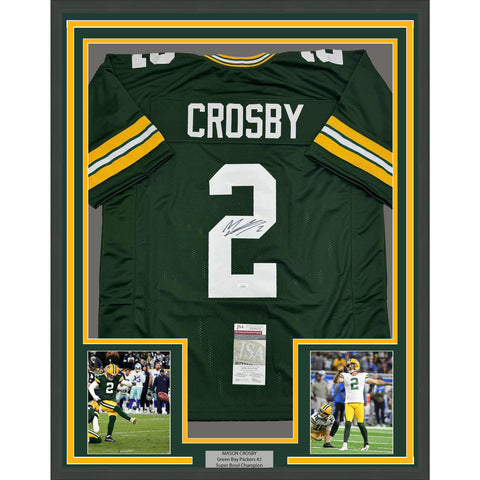 Framed Autographed/Signed Mason Crosby 35x39 Green Bay Green Jersey JSA COA