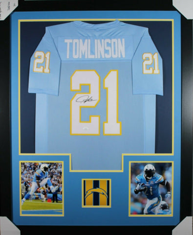 LADAINIAN TOMLINSON (Chargers light blue TOWER) Signed Auto Framed Jersey JSA