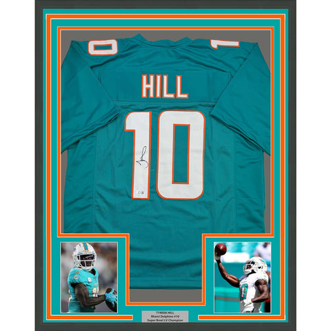 Framed Autographed/Signed Tyreek Hill 35x39 Miami Teal Jersey Beckett BAS COA