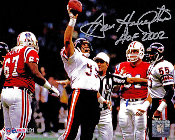 Dan Hampton Signed Bears SB XX Holding Ball vs Pats 8x10 Photo w/HOF'02 (SS COA)