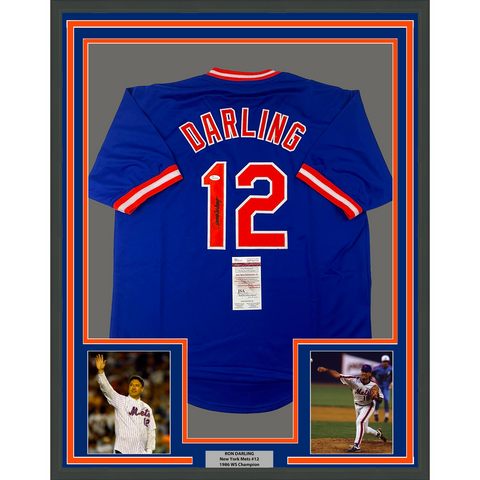 Framed Autographed/Signed Ron Darling 33x42 New York Blue Jersey JSA COA