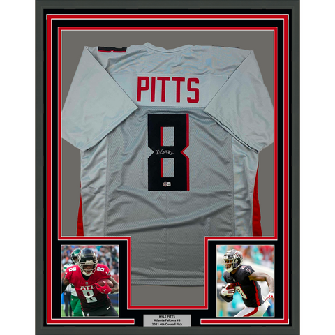 Framed Autographed/Signed Kyle Pitts 33x42 Atlanta Grey Jersey Beckett BAS COA