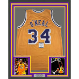 Framed Autographed/Signed Shaquille Shaq O'Neal 35x39 LA Yellow Jersey BAS COA