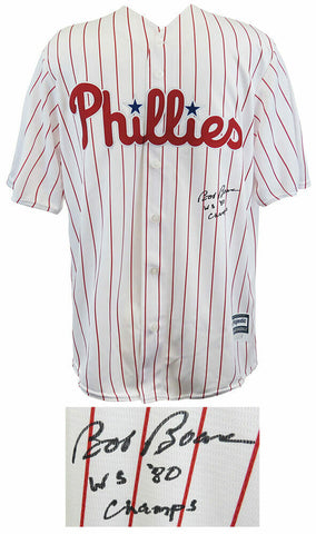 Bob Boone Signed Phillies White Pinstripe Majestic Jersey w/80 WS Champs -SS COA