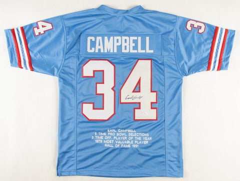 Earl Campbell Signed Houston Oilers Career Stat Jersey / 5xPro Bowl RB (JSA COA)