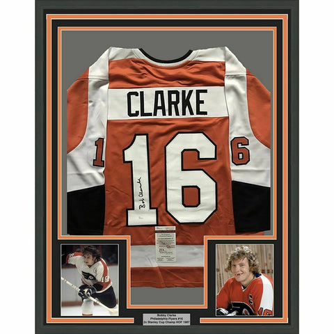 FRAMED Autographed/Signed BOBBY BOB CLARKE 33x42 Philly Orange Jersey JSA COA