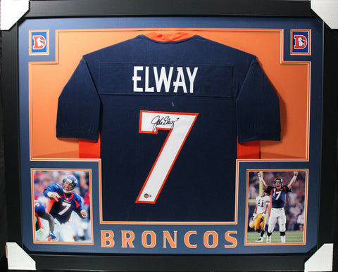 John Elway Autographed/Signed Pro Style Framed Blue XL Jersey Beckett 35344