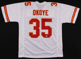 Christian Okoye Signed Kansas City Chiefs Jersey (JSA) 1989 NFL Rushing Leader