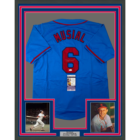 Framed Autographed/Signed Stan Musial 33x42 St. Louis Blue Jersey JSA COA