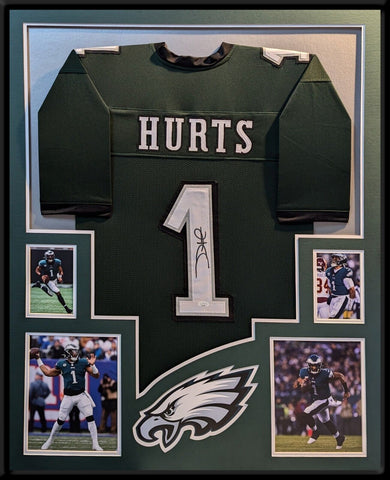 FRAMED PHILADELPHIA EAGLES JALEN HURTS AUTOGRAPHED SIGNED #1 JERSEY JSA COA