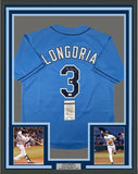 FRAMED Autographed/Signed EVAN LONGORIA 33x42 Light Blue Baseball Jersey JSA COA