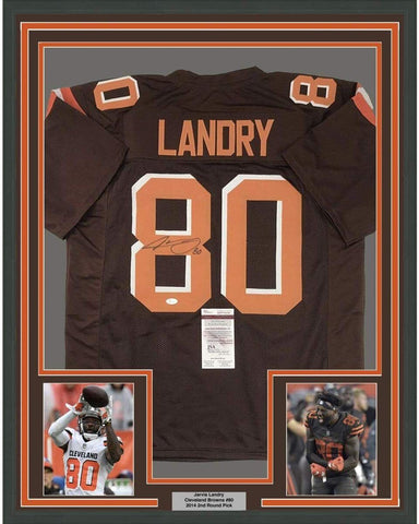 Framed Autographed/Signed Jarvis Landry 35x39 Cleveland Brown Jersey JSA COA