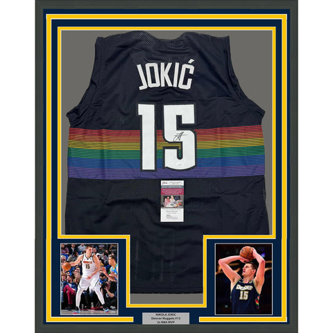 Framed Autographed/Signed Nikola Jokic 35x39 Denver Black Rainbow Jersey JSA COA