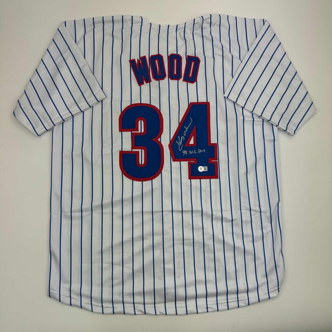 Autographed/Signed Kerry Wood 98 ROY Chicago Pinstripe Baseball Jersey BAS COA