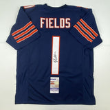 Autographed/Signed JUSTIN FIELDS Chicago Blue Football Jersey JSA COA Auto