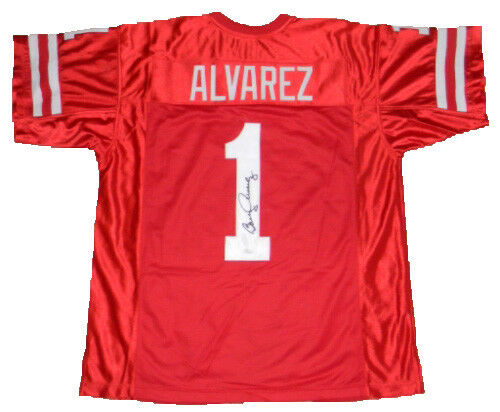 BARRY ALVAREZ AUTOGRAPHED SIGNED WISCONSIN BADGERS #1 RED JERSEY JSA