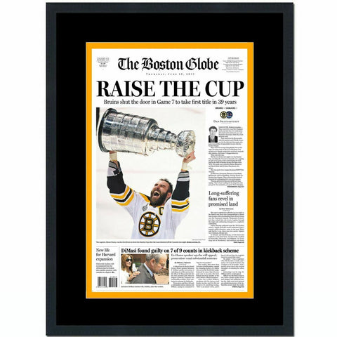 Framed The Boston Globe Bruins Raise Cup 2011 Stanley Cup Newspaper 17x27 Photo